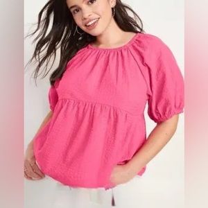 Puff-Sleeve Seersucker Babydoll Swing Blouse for Women